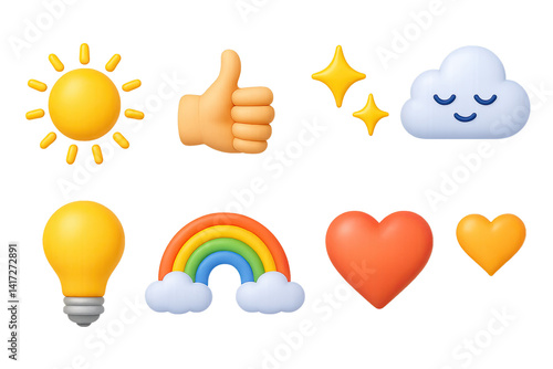 Vibrant 3d emoji icon set featuring sun, thumbs up, stars, cloud, bulb, rainbow, and heart