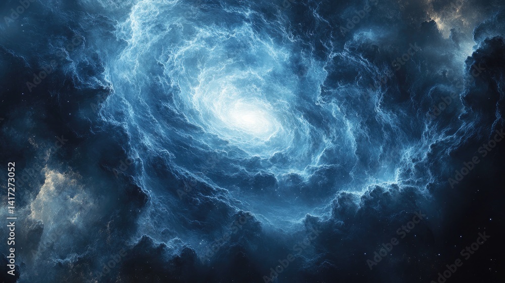 A mesmerizing view of a swirling blue galaxy filled with vibrant cosmic clouds and sparkling stars in the vast universe A mesmerizing view of a swirling blue galaxy filled with vibrant cosmic clouds and sparkling stars in the vast universe
