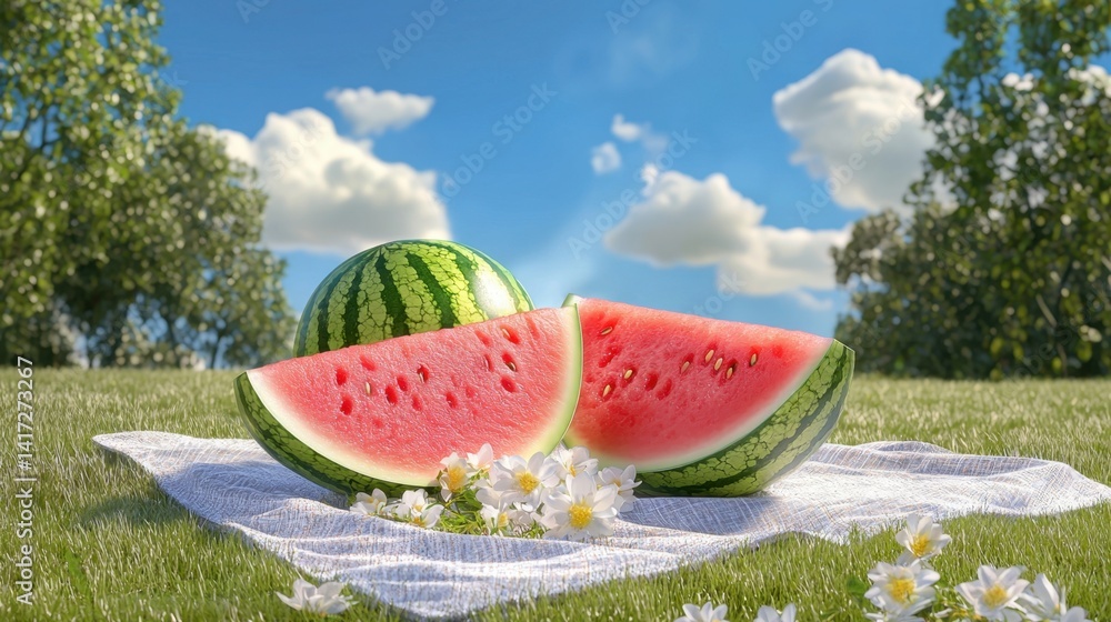 A juicy watermelon cut in half on a picnic blanket in a sunny park