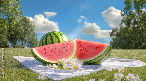 A juicy watermelon cut in half on a picnic blanket in a sunny park