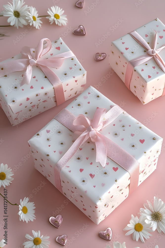 Three charmingly wrapped gifts, each adorned with a delicate pink ribbon and accented with decorative elements, create a festive composition on a soft pink surface. Three charmingly wrapped gifts, each adorned with a delicate pink ribbon and accented with decorative elements, create a festive composition on a soft pink surface.