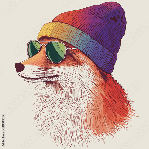 A bold line‑art fox portrait wearing a knitted beanie and aviator shades with a rainbow‑pride gradient, crisp edges and minimal shading