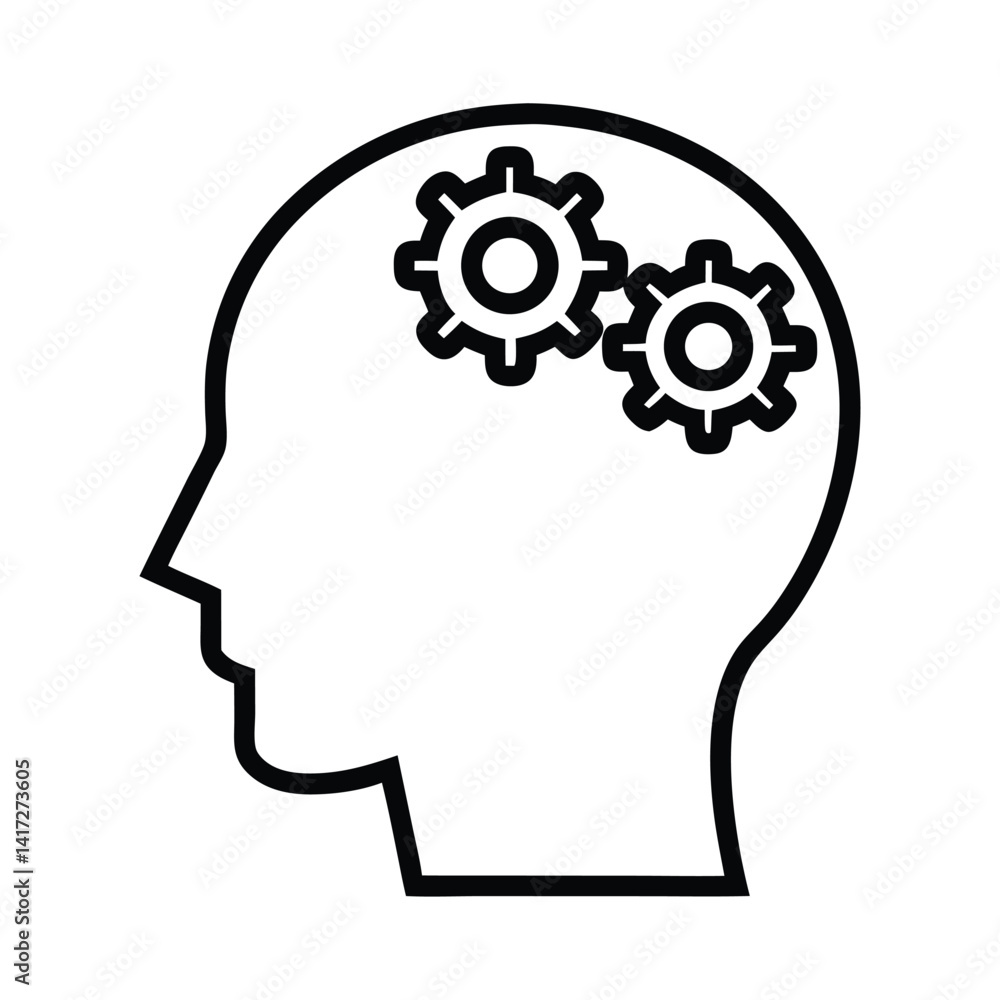 Head Silhouette with Gears Inside, Thinking Process Icon, Outline Head Silhouette with Gears Inside, Thinking Process Icon, Outline