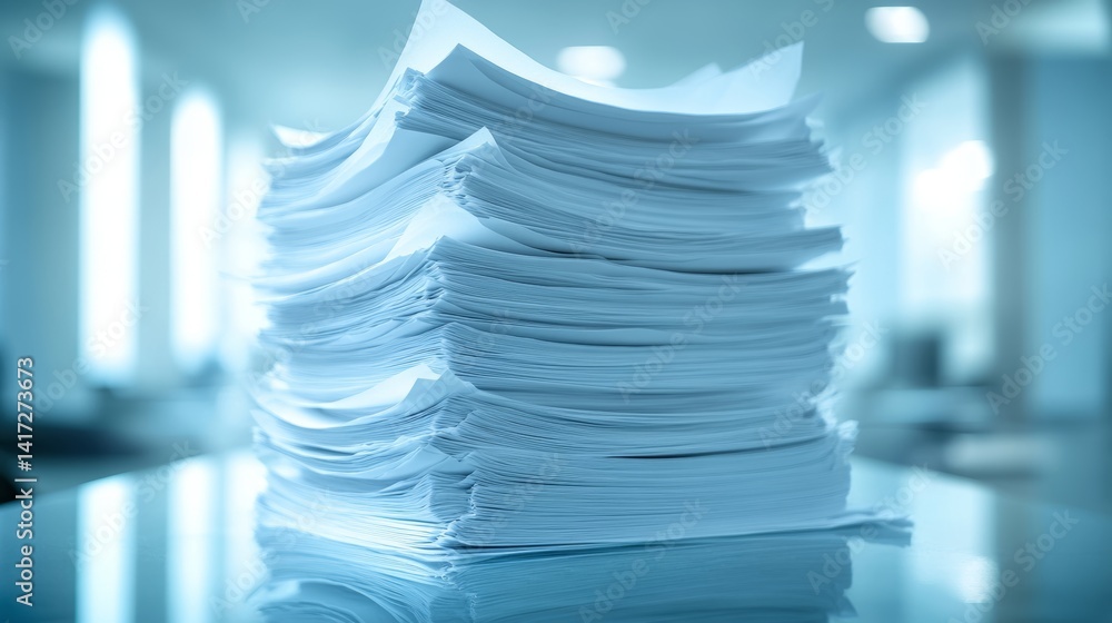 Stack of white papers on a glass table under lighting office paperwork and documents for business reports or legal contracts against a bright blur background Stack of white papers on a glass table under lighting office paperwork and documents for business reports or legal contracts against a bright blur background
