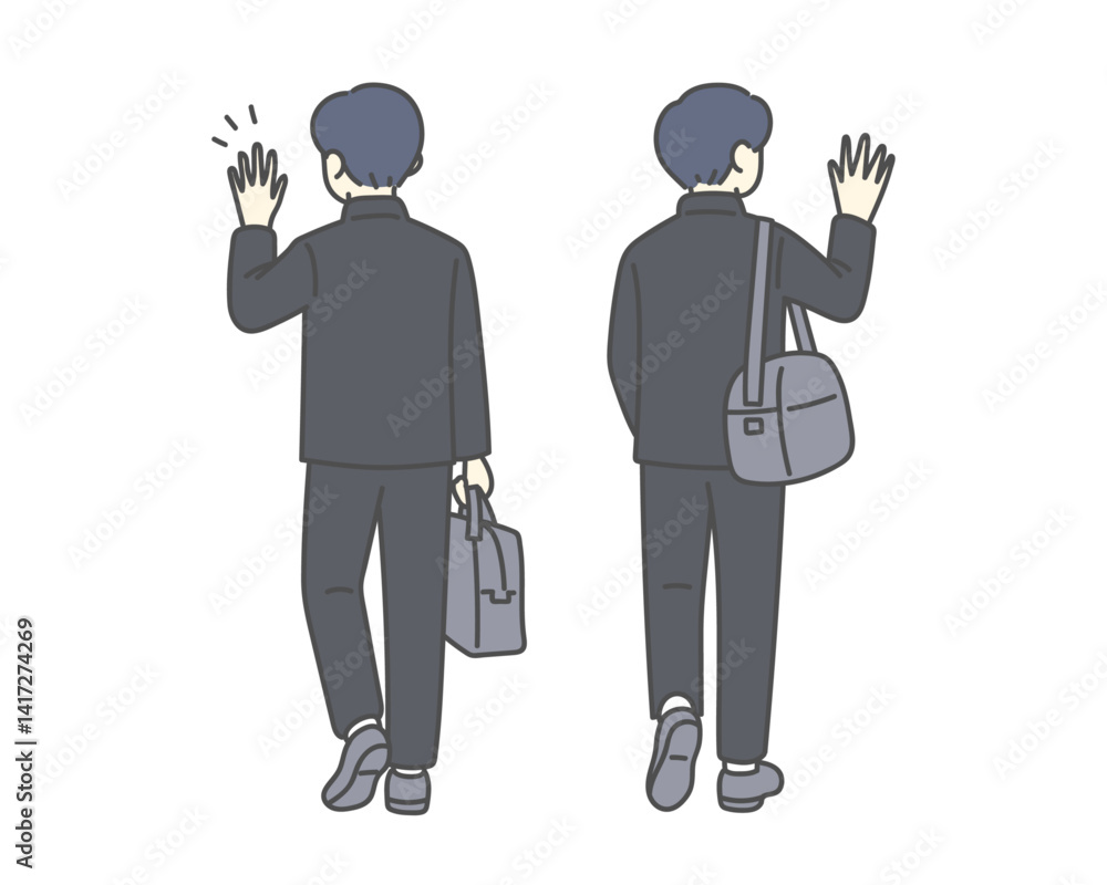 Obraz premium 手を振る男子高校生の後ろ姿