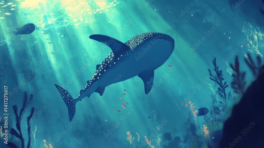 Fototapeta premium Captivating Underwater World: Gentle Whale Shark Amidst Sunlit Ocean Depths