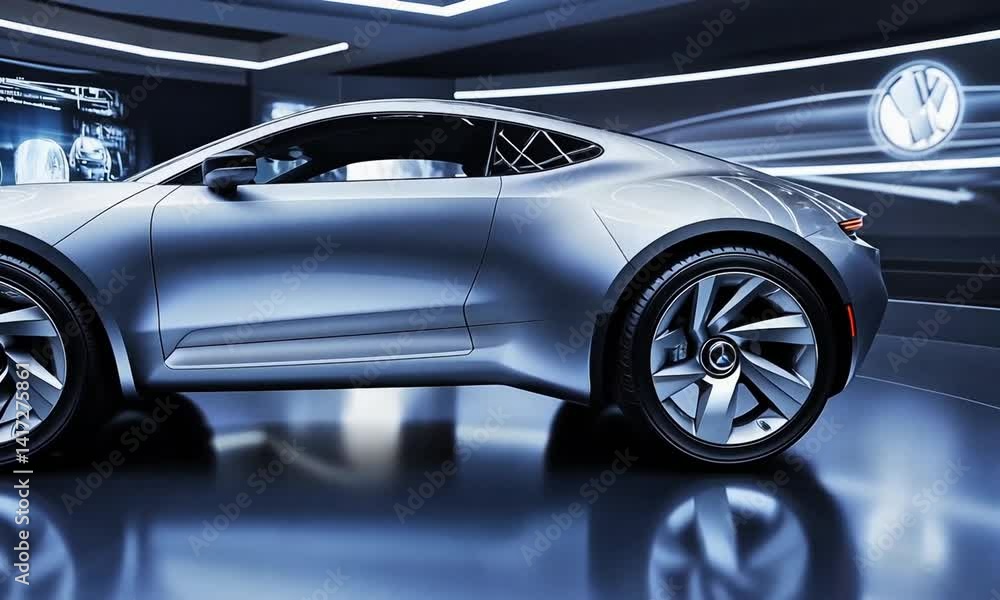 Futuristic Silver Car in Neon-Lit Showroom