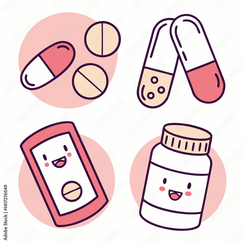 Cute icon set of supplements capsules tablets