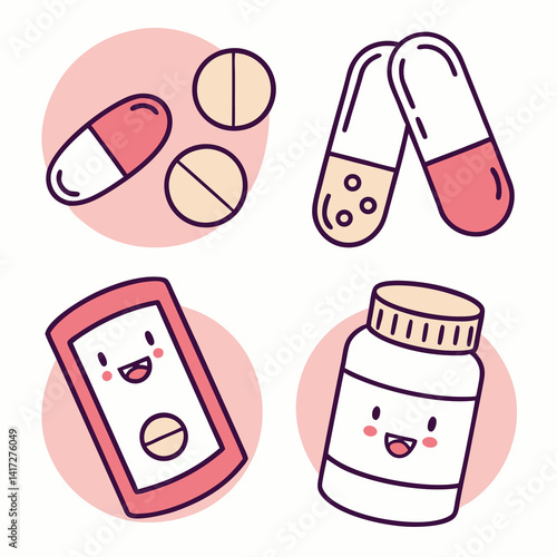 Obraz na płótnie Cute icon set of supplements capsules tablets w salonie