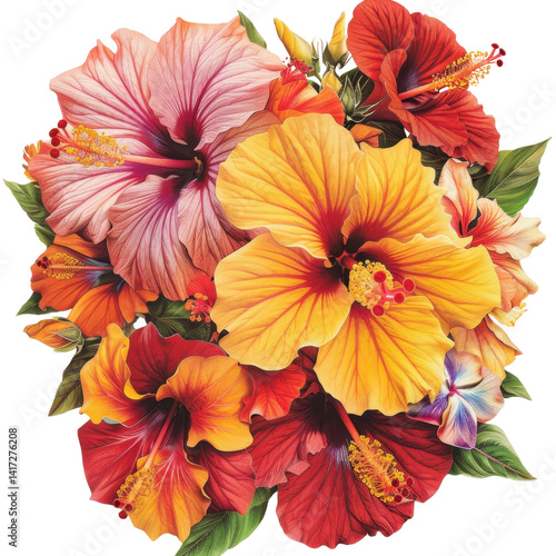 Wallpaper Mural vibrant arrangement of hibiscus flowers in various colors, including red, yellow, and pink, showcasing their intricate petals and lush green leaves, creating lively and cheerful atmosphere Torontodigital.ca