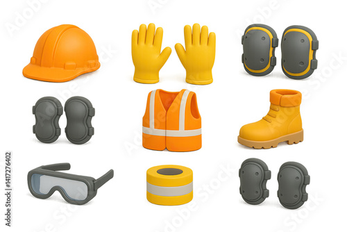 Essential construction safety icons set in 3d style for personal protective equipment