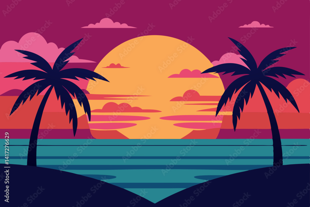 Obraz premium Beautiful Anime Beach Sunset with Silhouette of Palm Trees Vector Illustration Background