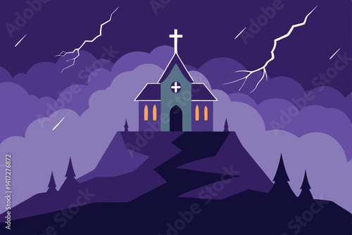 Anime Church On Hilltop During Violent Storm Detail