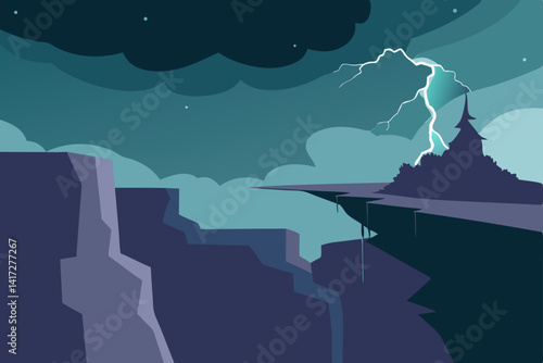 Anime Cliffside View Of A Distant Lightning Storm Render