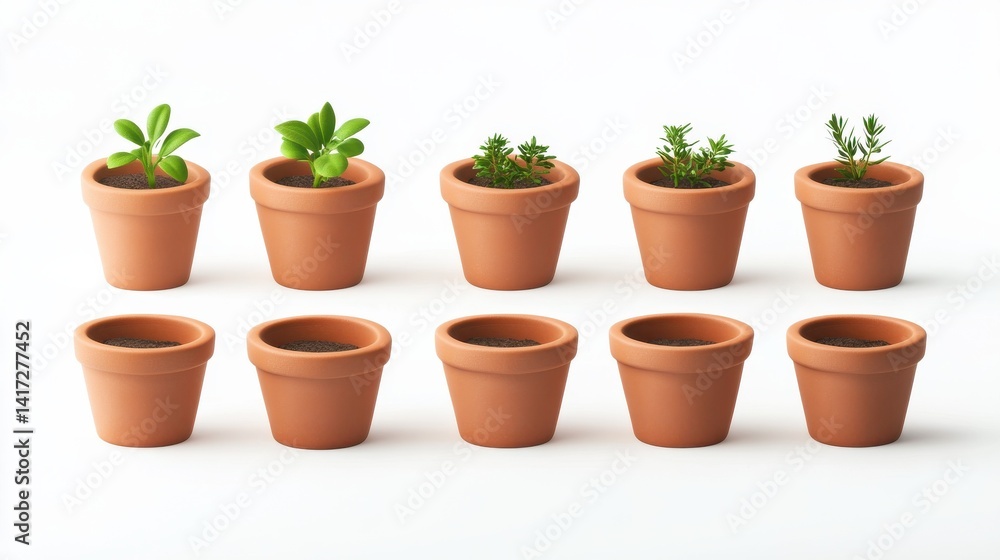 Obraz premium Set of empty small miniature clay flower pots isolated on white background