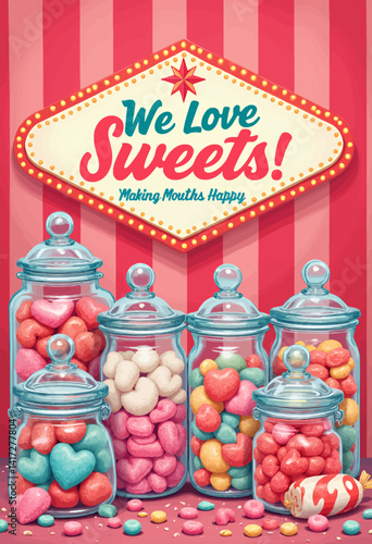 "We Love Sweets" sign with candy jars on striped background
