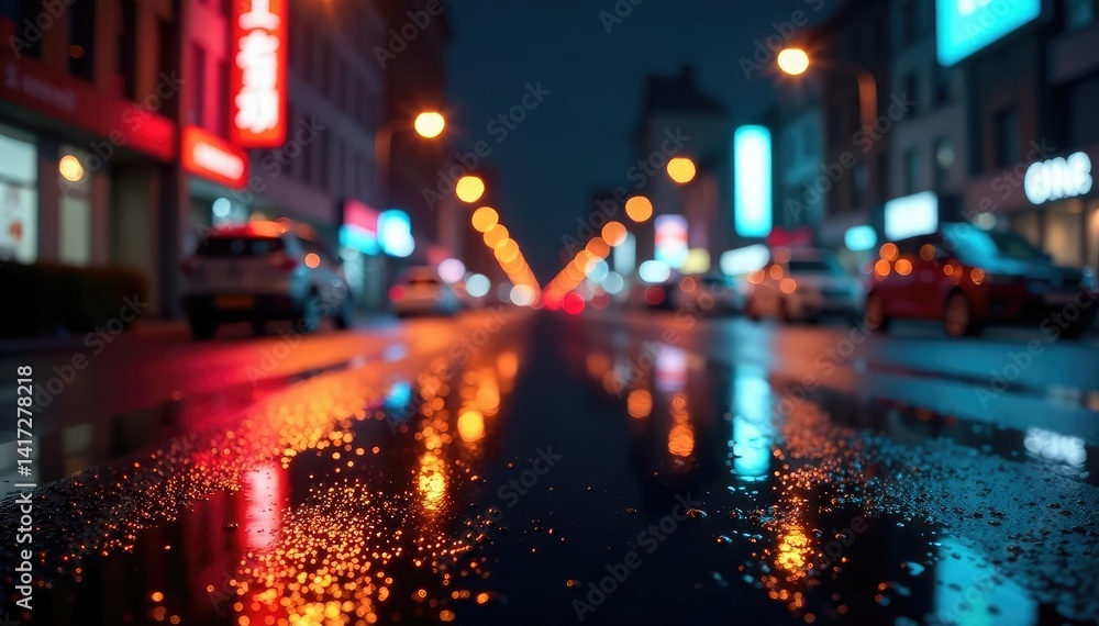 Abstract late-night city lights reflecting on wet pavement, lines, urban, shadows Abstract late-night city lights reflecting on wet pavement, lines, urban, shadows