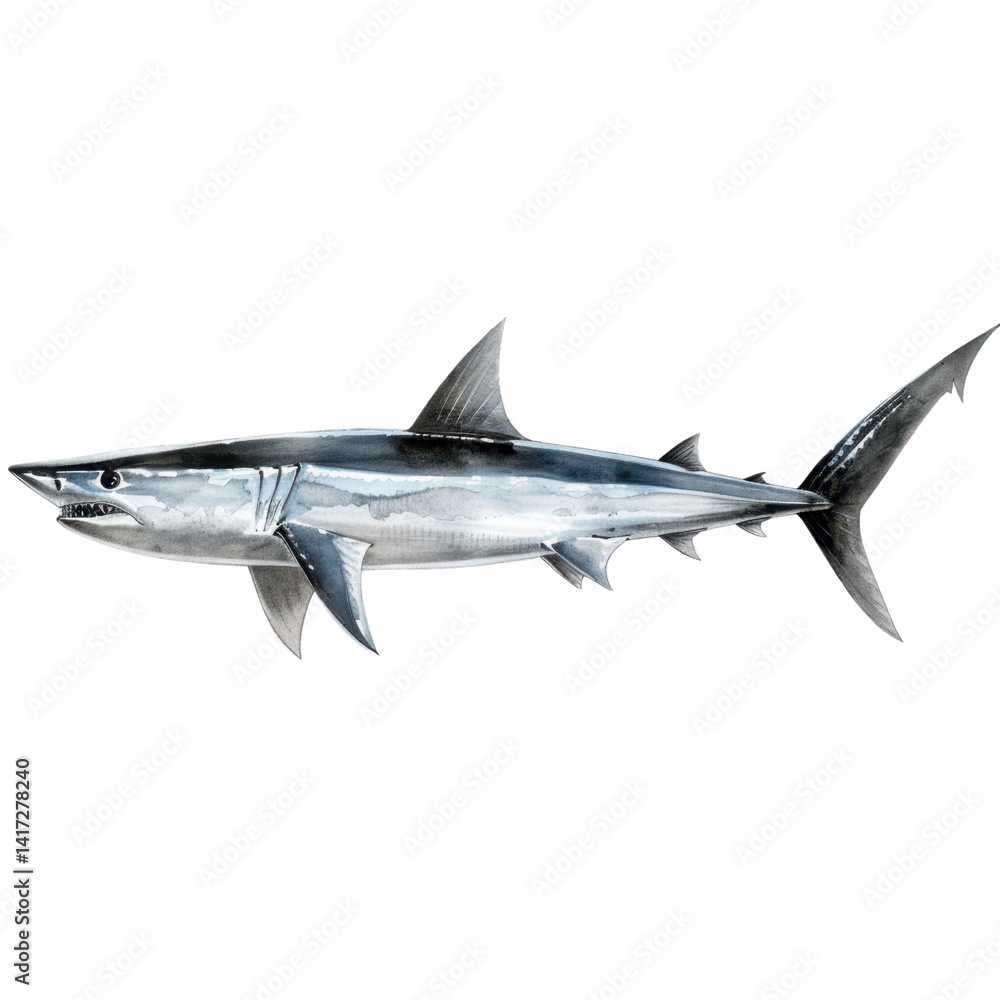 Naklejka premium sleek and powerful shark swimming gracefully through ocean, showcasing its sharp teeth and streamlined body. This majestic creature embodies beauty and strength of marine life