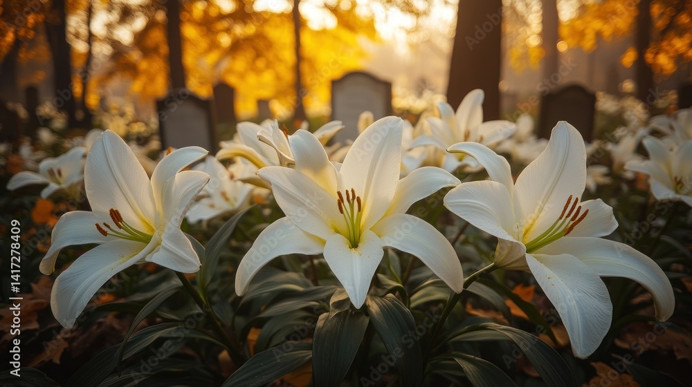 Fototapeta premium White lilies bloom in autumn cemetery