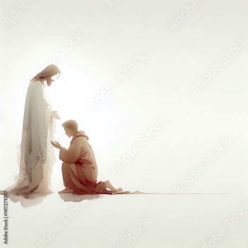 A woman touches Jesus’ cloak in faith and is healed – minimalist watercolor with small centered scene and soft tones