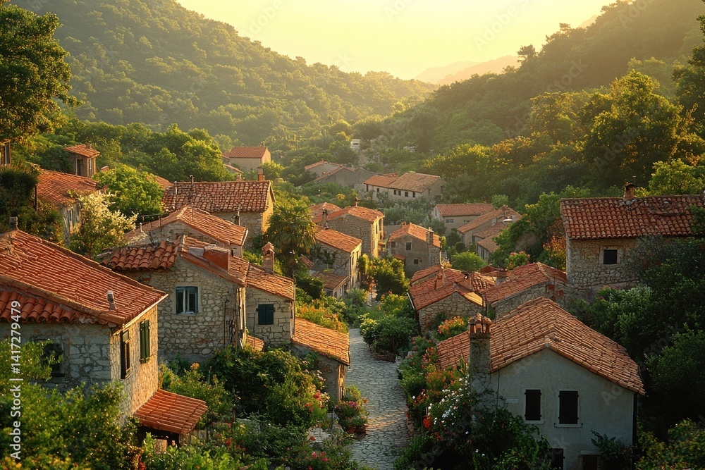 Fototapeta premium Charming village nestled in valley at golden hour