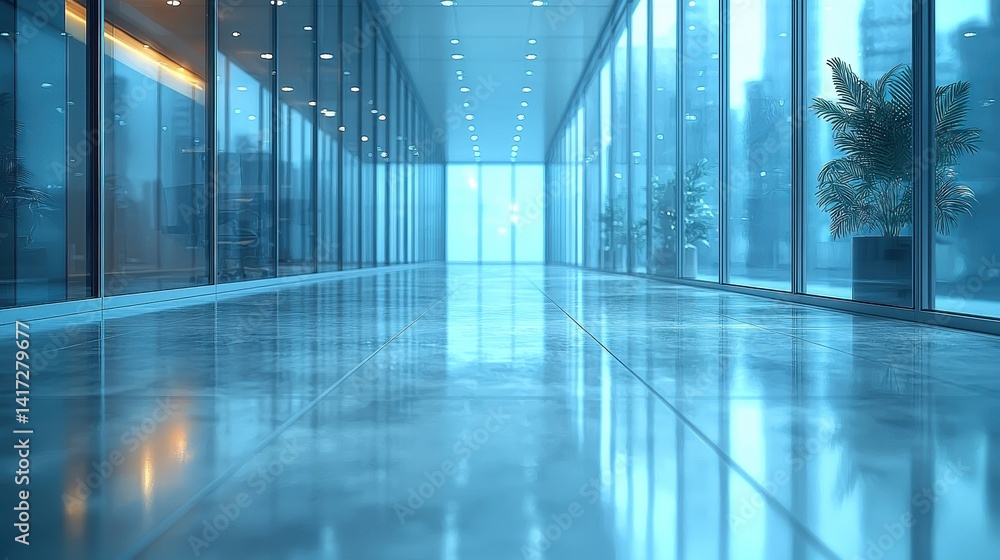 Modern hallway with reflective floor and glass walls, urban setting, serene atmosphere Modern hallway with reflective floor and glass walls, urban setting, serene atmosphere
