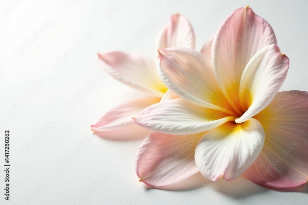 Fototapeta premium Delicate flower petals unfolding on a pristine white background, flowers, botany, leafy