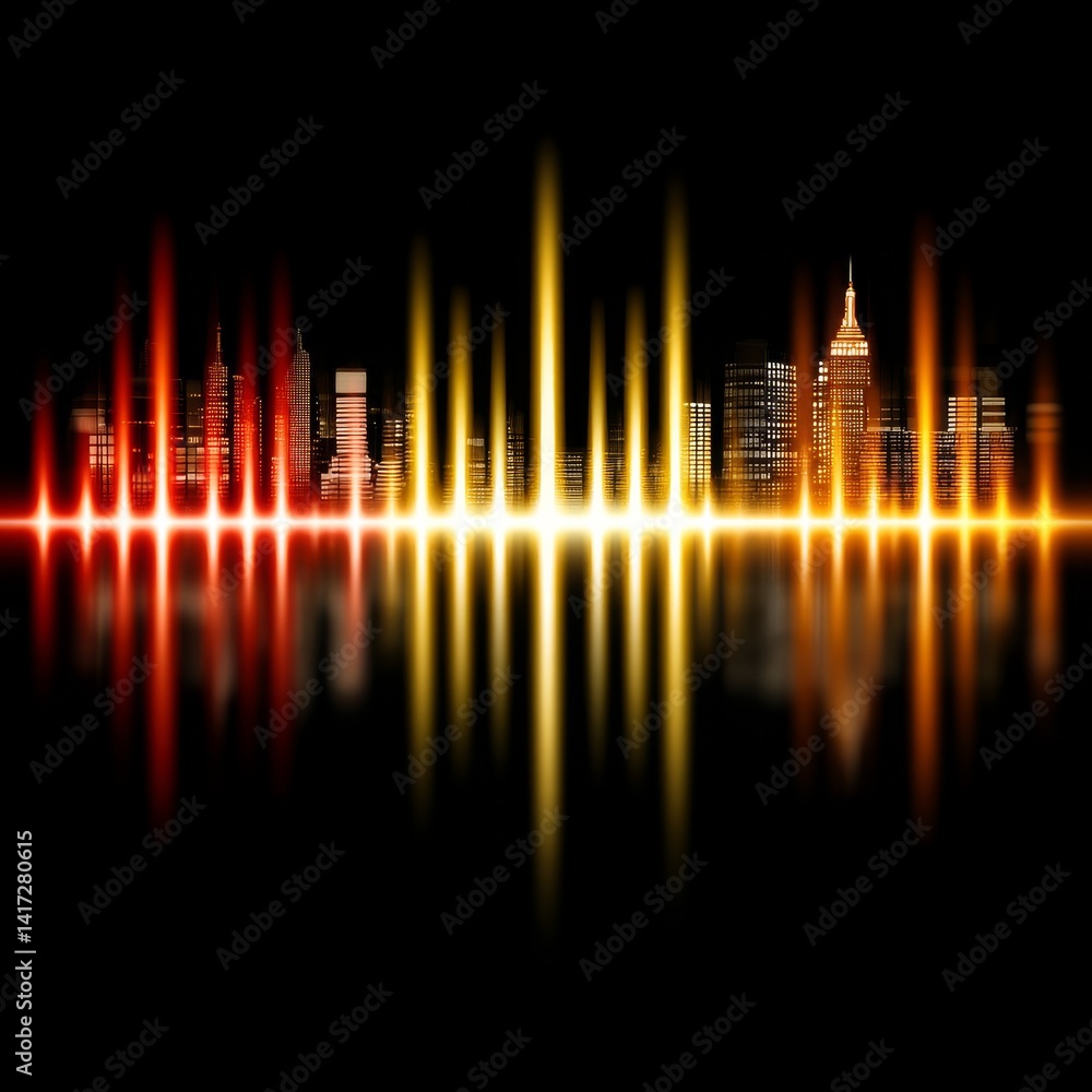 Abstract Cityscape: Pulsating Lights Reflecting on the Dark Horizon of a Modern Metropolis at Night