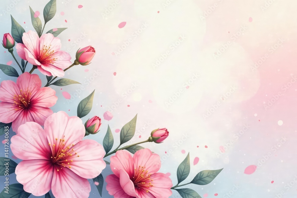 Fototapeta premium Delicate watercolor floral pattern, pastel hues, soft focus, light, card, leaves