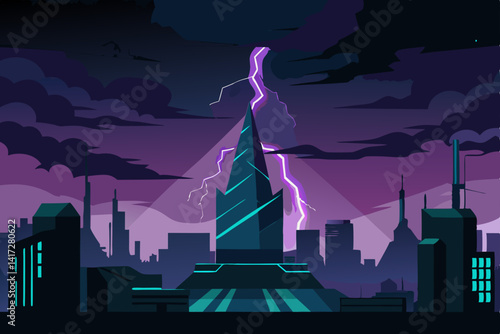 Anime Sci Fi City During High Voltage Lightning Storm Mode