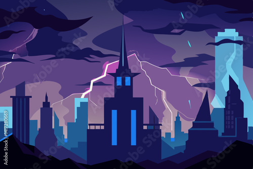 Anime Sci Fi City During High Voltage Lightning Storm Effect