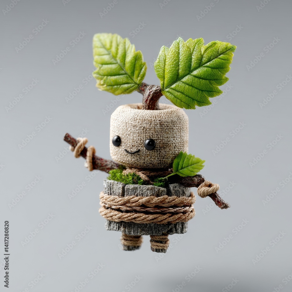 Adorable Little Treant Sculpture with Leafy Crown and Wooden Limbs on a Gray Background