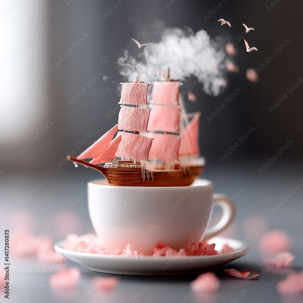 A Dreamy Voyage: Miniature Sailboat atop a Coffee Cup Surrounded by Soft Pink Petals, with Birds taking flight!