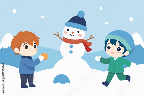 Anime Snowman Scene With Children Playing View