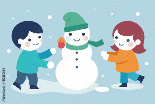 Anime Snowman Scene With Children Playing Scene