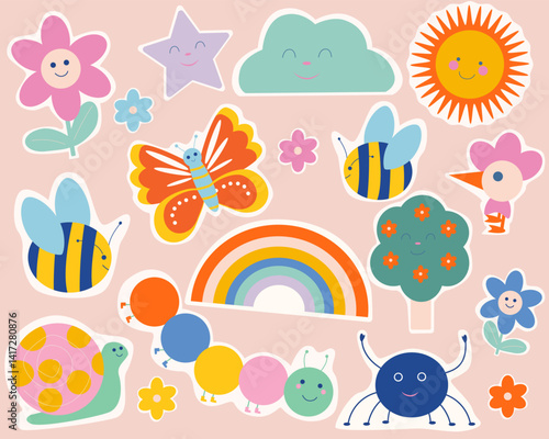 Sticker set, colorful summer illustrations of animals beetles caterpillars and flowers, children's stickers pictures for wallpaper, stickers, cute animals, children's illustrations for cards, books an