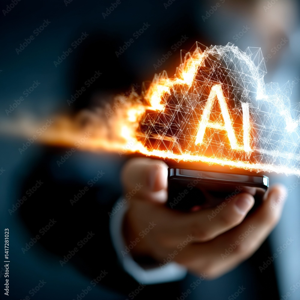 AI-Powered Cloud Computing on Mobile: Man Holding Phone Displaying Artificial Intelligence Concept with Glowing Network
