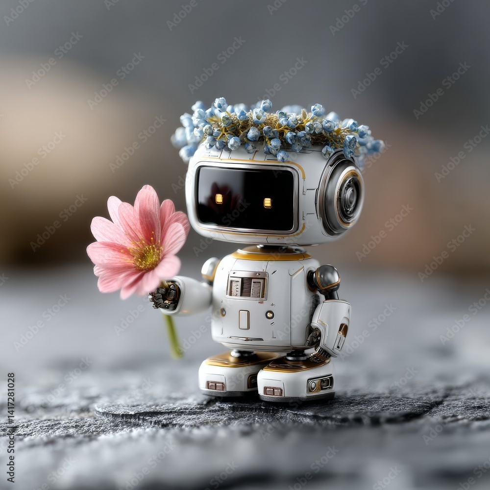A Kindred Bot: A charming white robot holds a delicate pink flower while wearing a crown of small blue blossoms