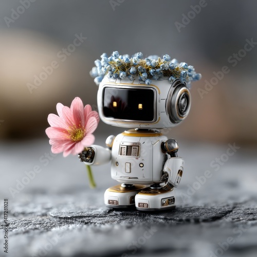 Obraz na płótnie A Kindred Bot: A charming white robot holds a delicate pink flower while wearing a crown of small blue blossoms w salonie