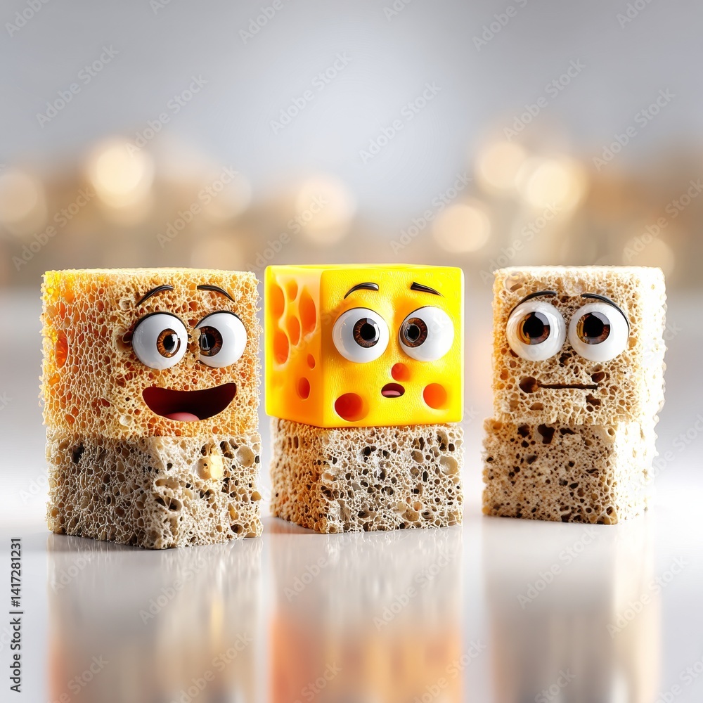 Animated Cheese Cube Trio Displaying Diverse Expressions: A Whimsical Food Art Composition on a Light Background