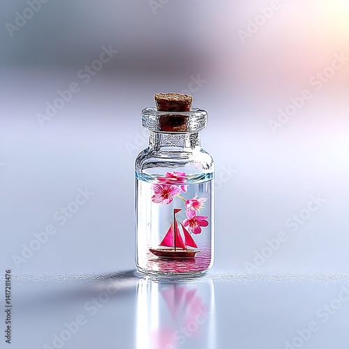 A Tiny Voyage: Red Sailboat and Cherry Blossoms Trapped in a Bottle with Cork Stopper.
