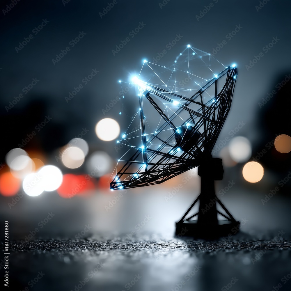 Communication Network: A Satellite Dish Connecting the World with Glowing Data Points at Night