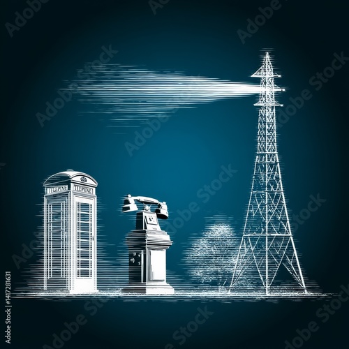 Obraz na płótnie Communication Evolution: Retro Phone Booth, Modern Telephone, and Tower on Blue w salonie