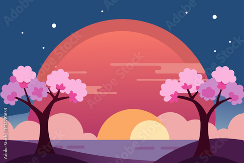 Anime Sunset Behind Cherry Blossom Trees Render