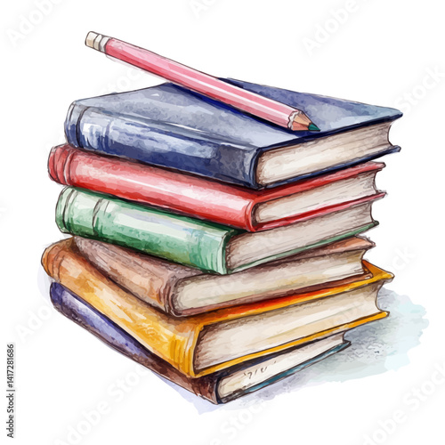Stack Of Sketchbooks With Pencil Drawings, vector watercolor illustration, isolated on a white background.