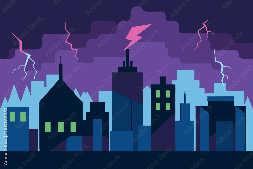 Fototapeta premium Anime Town Skyline During Thunderstorm With Lightning Artwork
