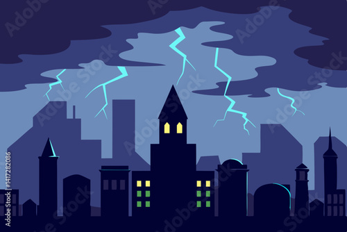 Anime Town Skyline During Thunderstorm With Lightning Display