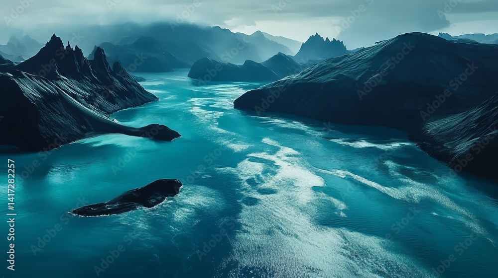 Fototapeta premium Majestic Teal River Winds Through Dark Mountains