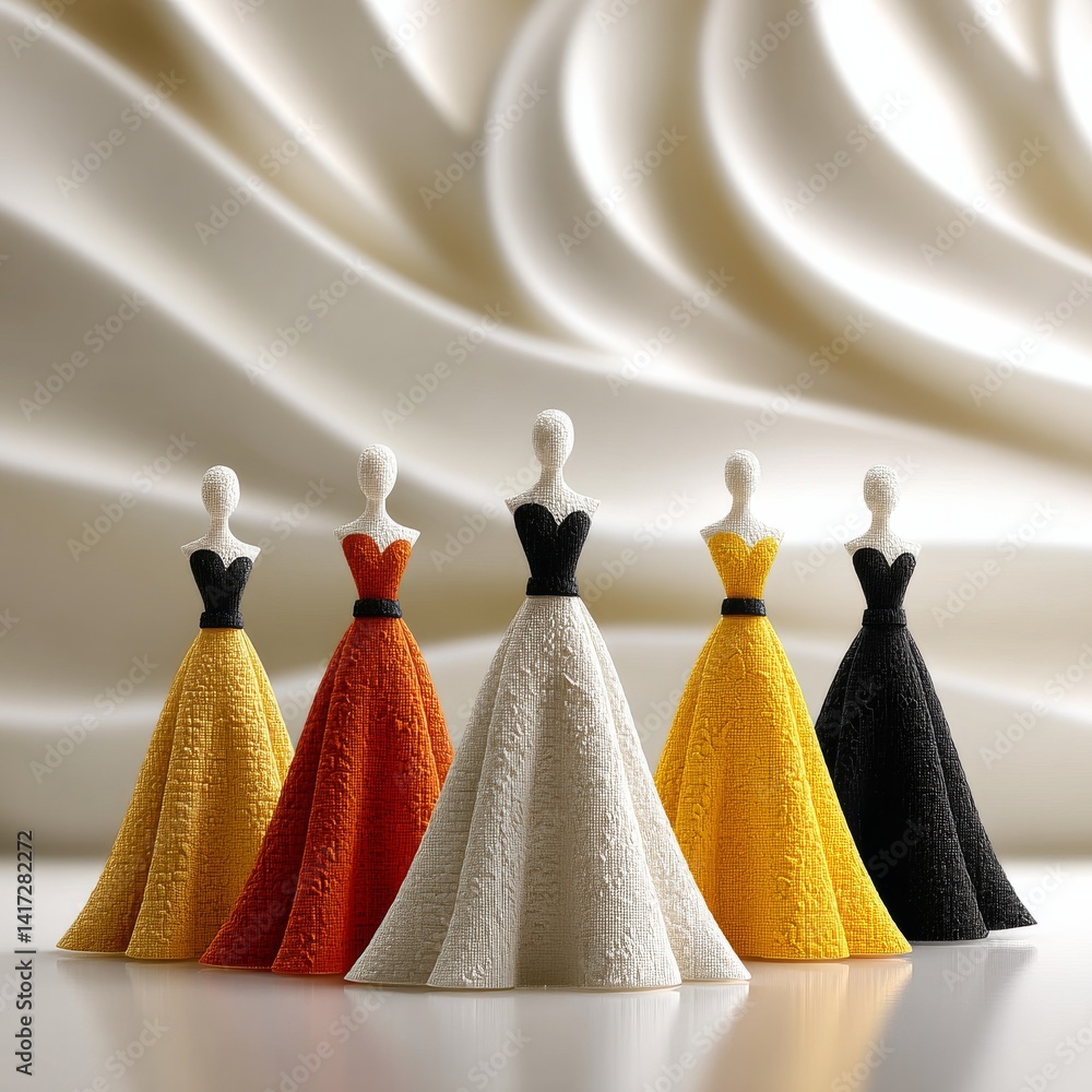 Elegant Array: A Collection of Miniature Dresses in Varying Hues Against a Soft, Silken Backdrop