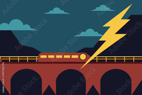 Anime Train Crossing Bridge During Lightning Flash View